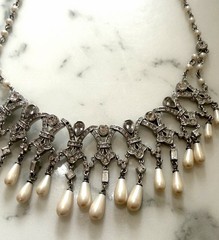 Vintage Ornate Carol Lee Rhinestone Faux Pearl Drop Choker Necklace Deco Gala