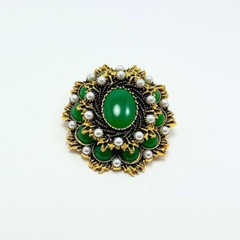 Gold Tone Faux Pearls & Cabochon Acrylic Stones Brooch Contemporary