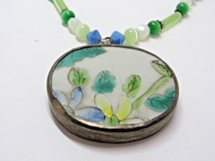 Vintage Silver Tone Glass Bead Necklace Floral Boho Retro Green Mod #J