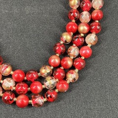 Vintage Red Pink Acrylic Triple Strand Beaded Necklace 20” Broken Clasp