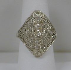 FINE ART DECO 14K WHITE GOLD 1.00 CT 5-STONE DIAMOND FILIGREE DINNER RING~SIZE 8