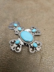 W R Sterling Silver Turquoise Cross Brooch 5 Oval Stones old pawn Indian jewlery