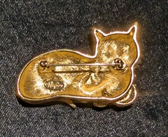 Napier Gold-Tone Green Eyed Cat With Rhinestone Ball Brooch, Signed