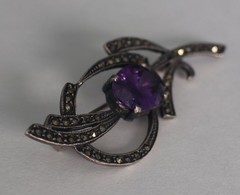 Antique 925 Sterling Silver Amethyst & Marcasite Edwardian Brooch