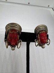 Vintage Mid Century Selro Selini Asian Princess Face Red Lucite Clip Earrings