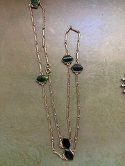Vintage Chain link necklace with faux jade green stone accents, 35 inch length