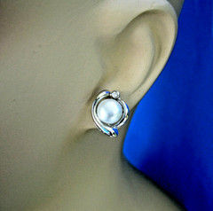 Original Elegant Pearl DIAMOND European Earrings Deco Design Syle Studs 14K GOLD