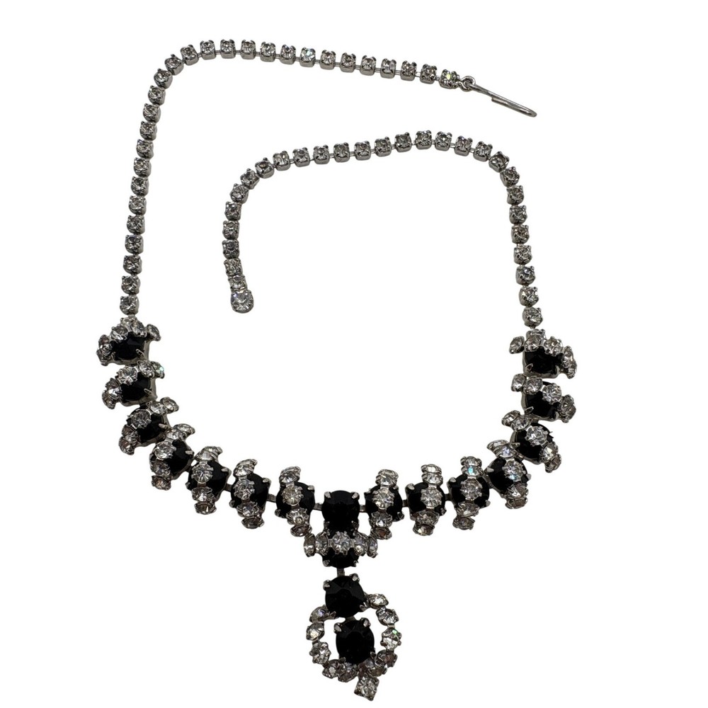 Vintage Black and Clear Rhinestone Necklace Silver Tone 15.5 Inch J-Hook Clasp