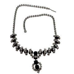 Vintage Black and Clear Rhinestone Necklace Silver Tone 15.5 Inch J-Hook Clasp