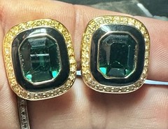 Vintage Gorgeous Gold Tone & Green Emerald Rhinestone Square Clip On Earrings