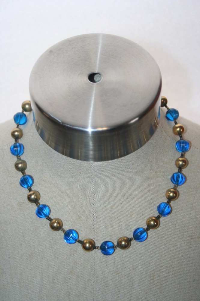 Princess Length 18″ Necklace Octagon Azure Blue Glass Gold Bead Seed Spacer Vtg