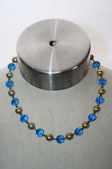 Princess Length 18″ Necklace Octagon Azure Blue Glass Gold Bead Seed Spacer Vtg
