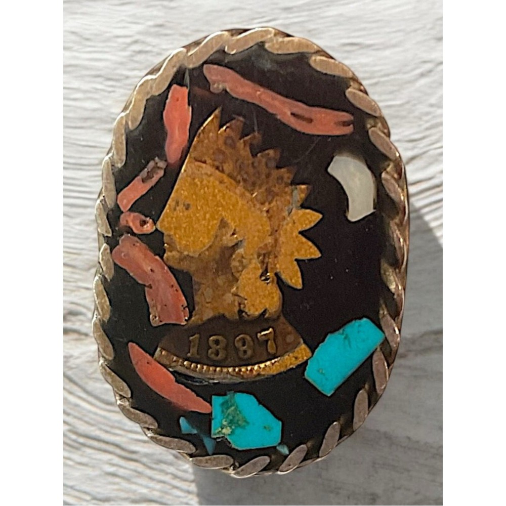 Vintage Sterling Native American Coin Gemstone Mosaic Inlay Ring Size 5.25