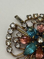 Quill 12K GF Gold-Filled Pink & Blue Floral Rhinestone Brooch Pin Vintage 1950s