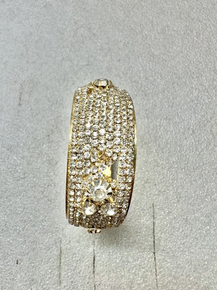 Vintage Prong Set RHINESTONE Gold Tone 1” Wide 2.25” Diameter Bangle Bracelet