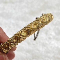 Vintage Hinged Bracelet Textured Gold Tone Etruscan Revival Safety Chain