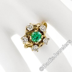 Vintage 14k Yellow Gold Round GIA RARE UNTREATED Emerald Solitaire Diamond Ring