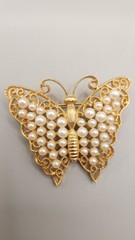M J ENT 14K Gold Plated Butterfly Pin Brooch Faux Pearl Filigree Vintage Signed