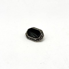 Vintage Art Deco 925 Sterling Silver Black Onyx Marcasite Brooch 1″ Pin Octagon