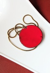 RED Enamel WHITE Heart Swirl Copper Vintage Pendant 24″ Gold Tone Necklace