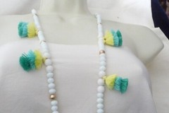 #17/20A NECKLACE 16″L WHITE GLASS BEADS w YELLOW BLUE GREEN THREAD TASSELS BY V