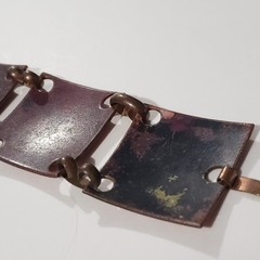 Vintage Copper Link Bracelet with Orange Enamel on Square Panels