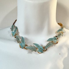 1960’s Signed Mode Art Light Blue Enamel Leaves Bracelet Necklace Clip Earrings