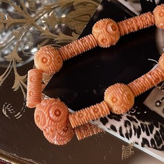 Art Deco Galalith Necklace Peach Orange Carved Beads 26” Opera Length