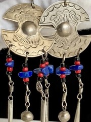 Vintage Lapis Silver Tone Dangling Earrings Large 3.5in Red Black Beads 9.84g