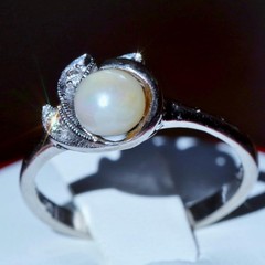 10k white gold size 6.75 ring 5.3mm cultured pearl natural diamond antique 2.28g