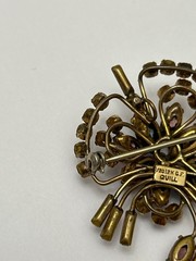 Quill 12K GF Gold-Filled Pink & Blue Floral Rhinestone Brooch Pin Vintage 1950s