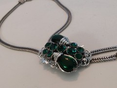 Selro Lariat Necklace Emerald Green Lucite Pendants Czech Glass Rhinestone 1960s