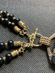 Vtg PATRICE Brass Carnelian Onyx Double Strand Bead Pendant Necklace Earring Set