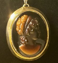 Vintage Victorian Revival Cameo 36” Necklace Pressed Glass Brown Lady
