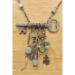 Vintage Stone Beaded Charm Necklace Skeleton Key Chunky Silver Boho 1990s Bin1