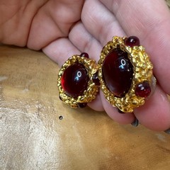 Vintage Ruby Red Glass Cabochon Gold Tone Ornate Statement Stud Earrings