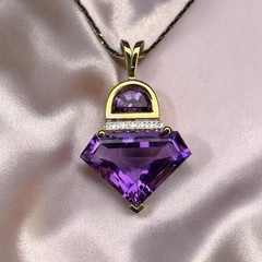 VINTAGE 14K Gold Natural Amethyst & Diamond Necklace -17″ Contemporary -4.4g