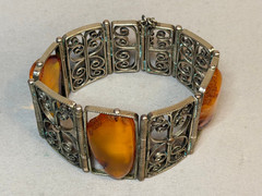 Vintage Soviet USSR Filigree Melchior Panel Bracelet Baltic Amber Honey Cognac