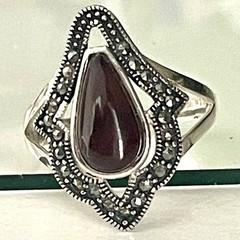 QSYZP Silver Marcasite Banded Agate Sardonyx Teardrop Ring Vintage StyleSIZE 8