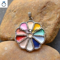Natural Pave Diamond Multi Enamel Flower Pendant 16″ Link Chain 925 Silver Gift