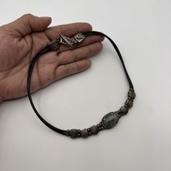 ICONOS MAYAS Silver Plated Green Cabochon Stone Leather Necklace 15″