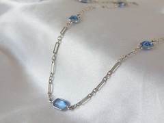 Antique Sterling Silver 925 Blue Gemstone Station Vintage Paperclip Necklace 25″