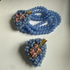 VINTAGE MIRIAM HASKELL BLUE GLASS BEAD AND SEED HEART BRACELET & PIN “AS IS”