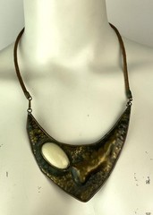 Vintage 60s 70s Handmade Brutalist Pendant Necklace Brass & Leather, Stone 15.5″