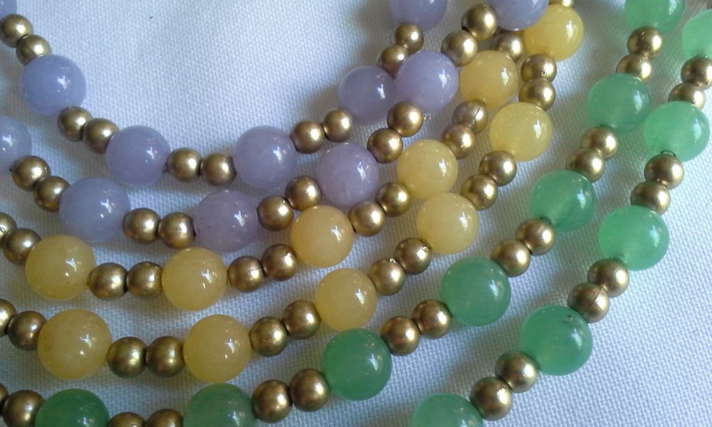 Set of 3 Icy Jade Jadeite Bead Necklaces Green Lavender Yellow Gold Tone Plate?