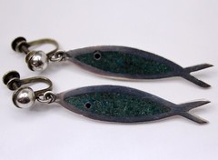 SOSA STERLING 14″ FISH NECKLACE & S.B.EARRINGS MEXICO INLAID TURQUOSE CHIPS
