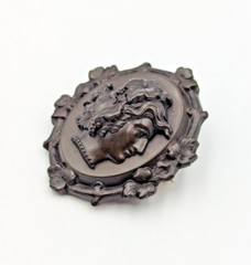 Antique Victorian Vulcanite Cameo Female Profile Mourning Brooch Pin