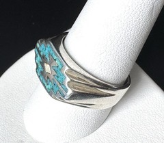 Vintage Men’s Sterling Silver Turquoise Inlay Ring Sz 10 Silver Fox Mark Unisex
