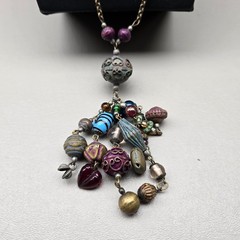 Boho Beaded Necklace Lot Paper Bead Blue Glass Charm Dangle Long Layered 3pc