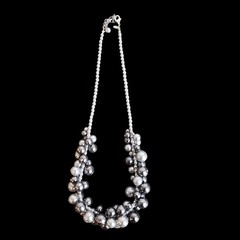 ​RMN Vintage Faux Pearl Cluster Statement Necklace Silver Gray Chunky Bib Drop